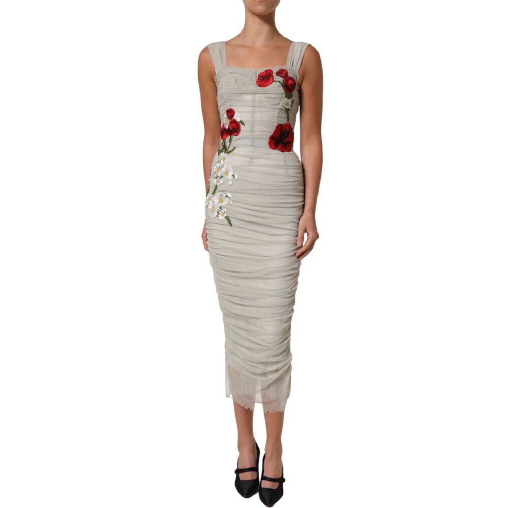 Dolce & Gabbana Light Gray Rose Embroidery Sheath Midi Women's Dress